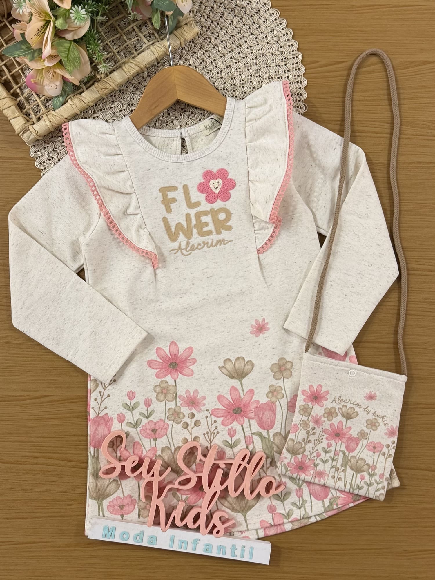 Vestido Infantil Kukiê Inverno Off White Flower com Bolsinha