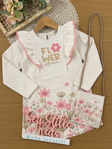 Vestido Infantil Kukiê Inverno Off White Flower com Bolsinha