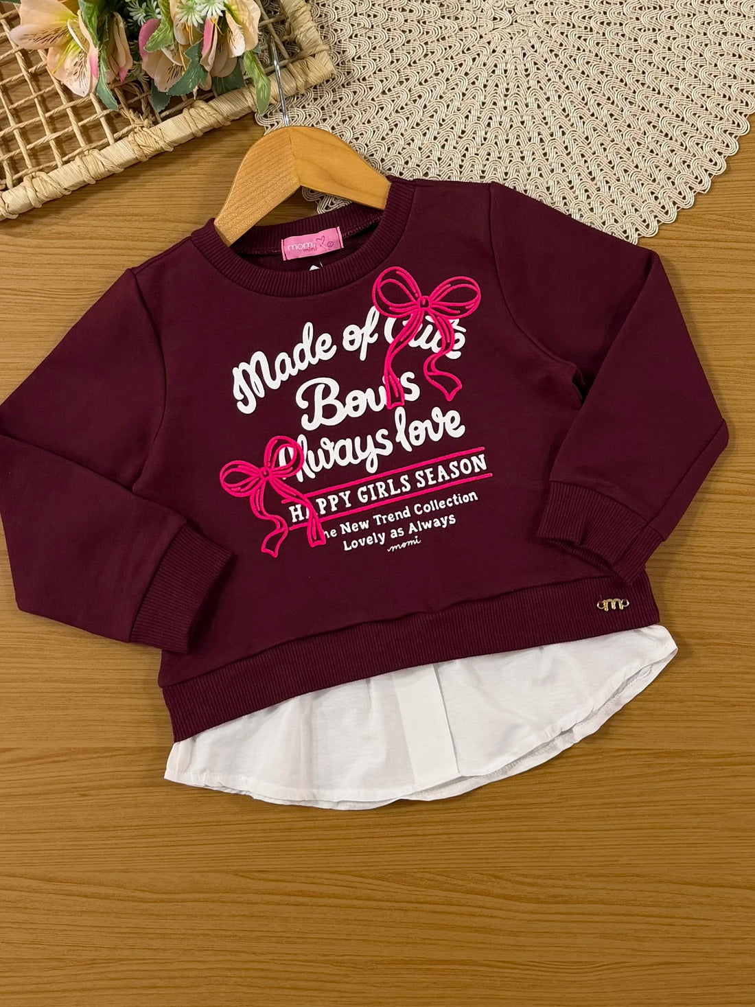 Conjunto Infantil Momi Inverno com Calça Legging Rosa e Moletom sem Flanela Lacinhos