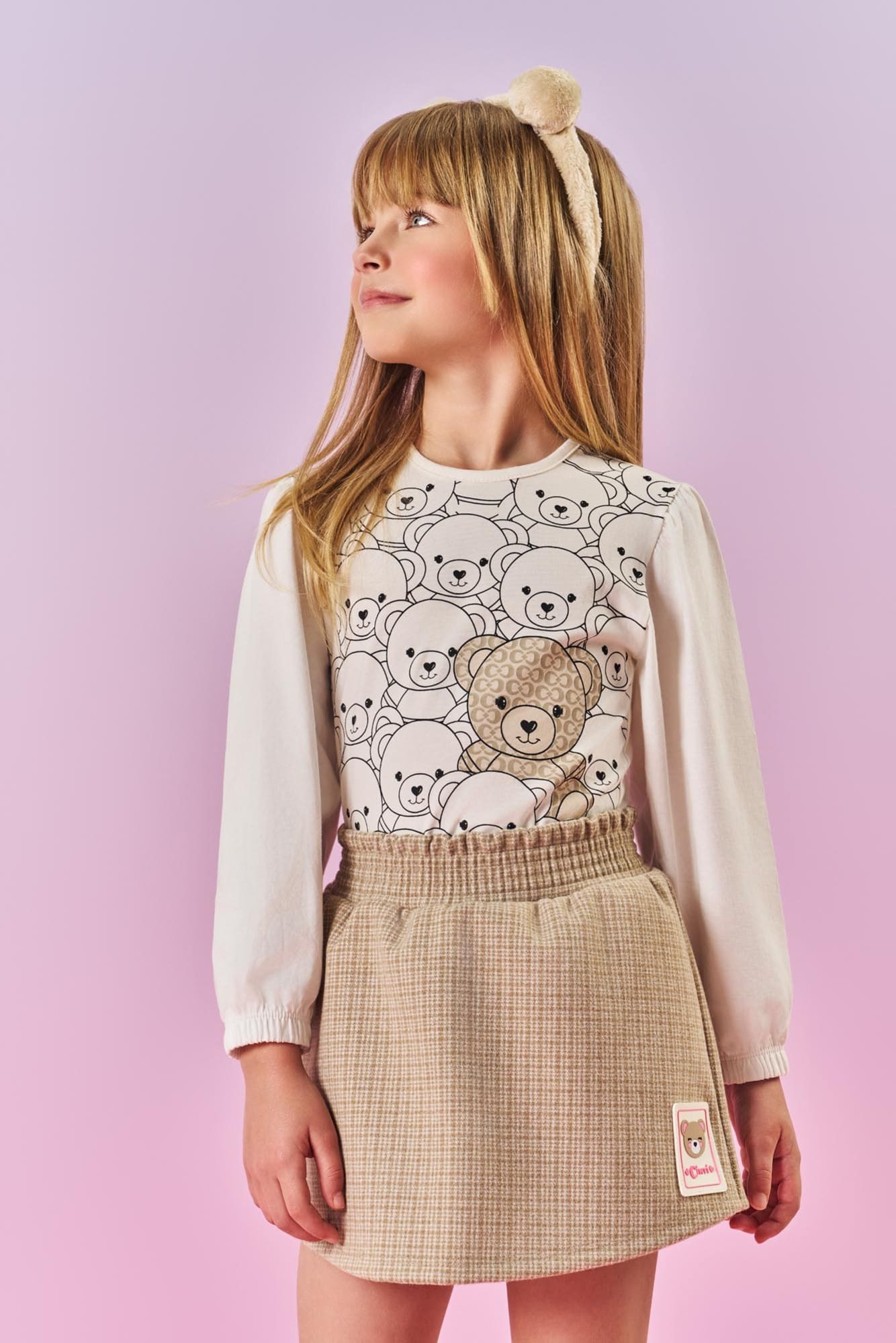 Conjunto Infantil Cinti Inverno com Short-Saia Bege e Blusa Ursinhos