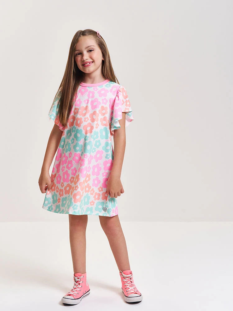 Vestido Infantil Cinti Verão Branco Florzinhas Coloridas