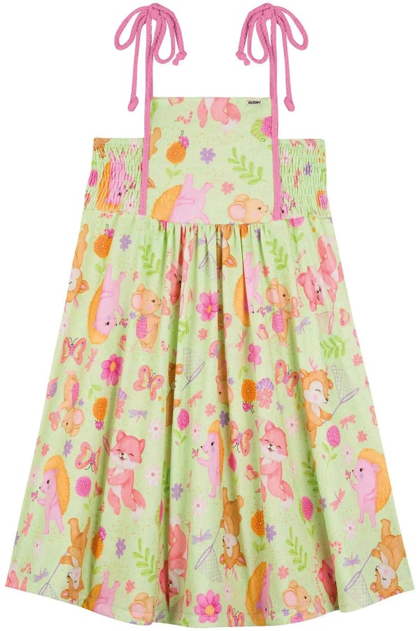 Vestido Infantil Kukiê Verão Verde Animais