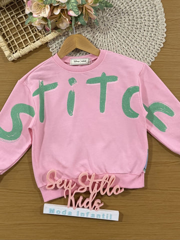 Moletom Infantil Animê Inverno Rosa sem Flanela Stitch com Strass Disney