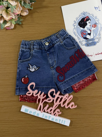 Shorts infantil Animê Jeans Branca de Neve Disney