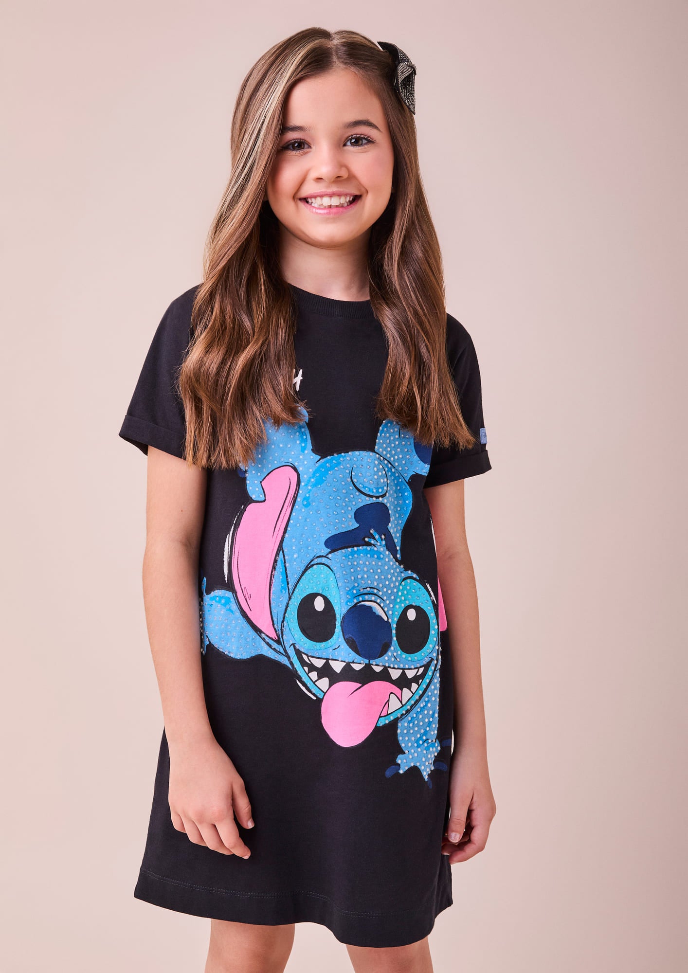 Vestido Infantil Inverno Preto Stitch com Strass