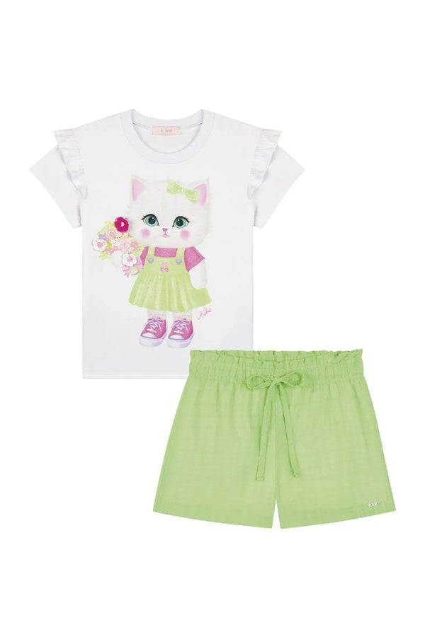 Conjunto Infantil Kukiê Verão com Shorts Verde e Blusa Branca Gatinha