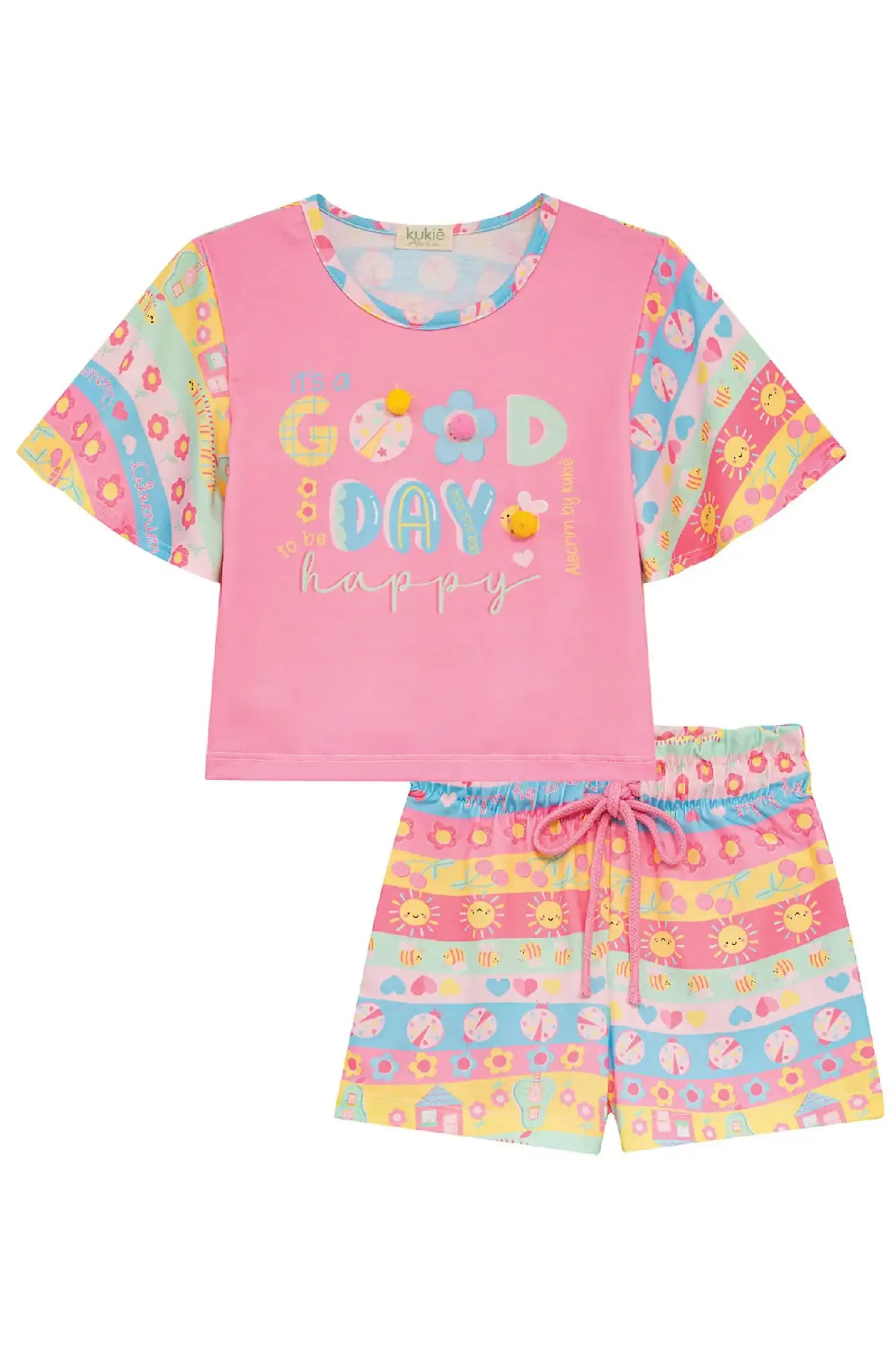 Conjunto Infantil Menina Kukiê com Shorts Colorido e Blusa Rosa Good Day