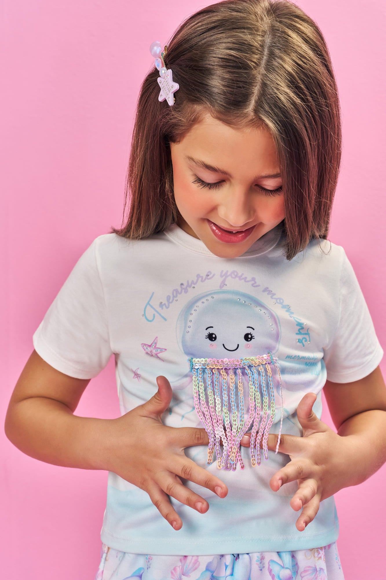 Conjunto Infantil Cinti Verão com Short Saia e Blusa Branca Polvinho