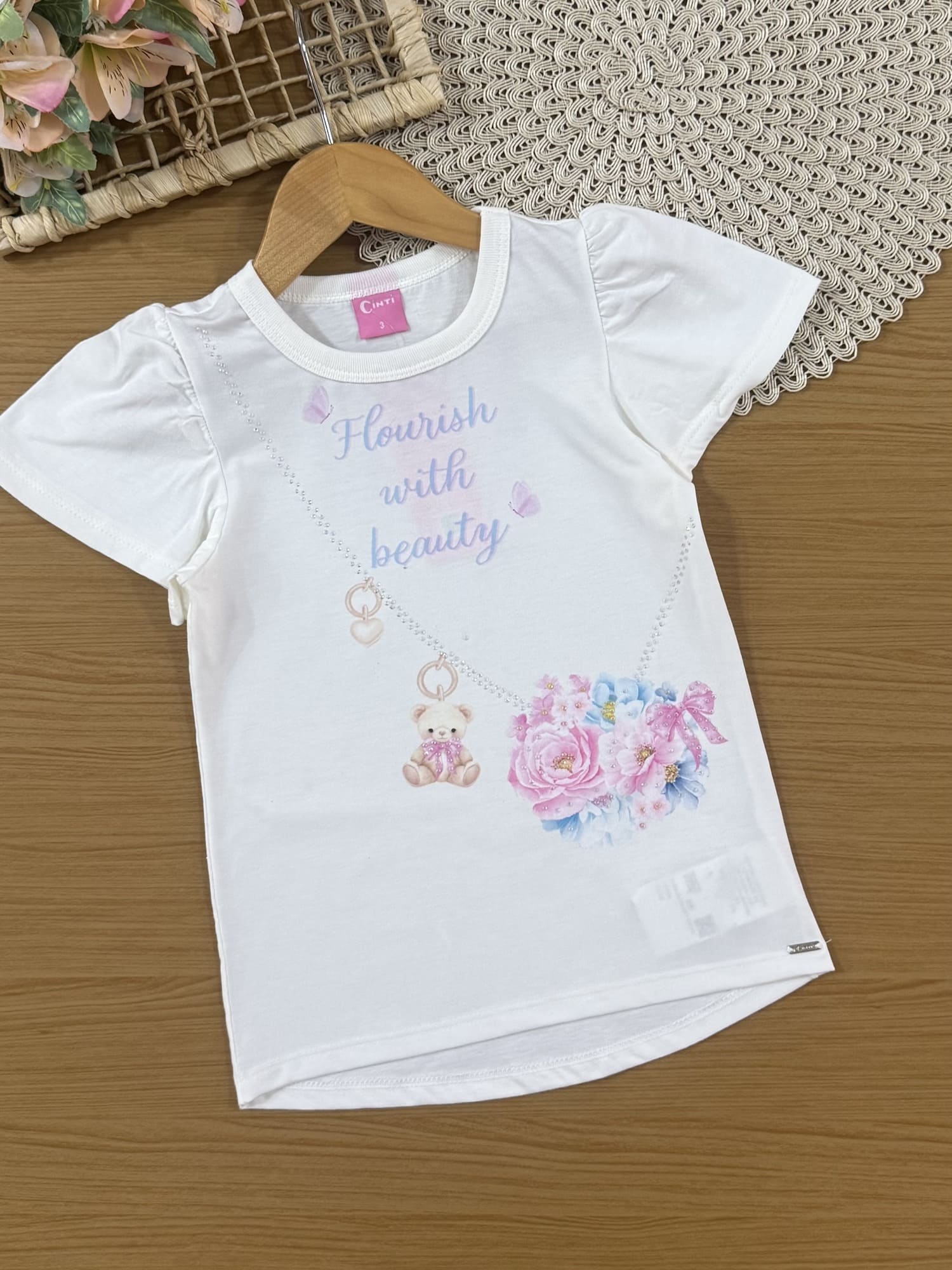 Conjunto Infantil Cinti Verão Calça Legging Rosa e Blusa Branca Flores com Strass