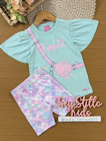 Conjunto Infantil Cinti Verão com Shorts Ciclista e Blusa Azul Conchinha