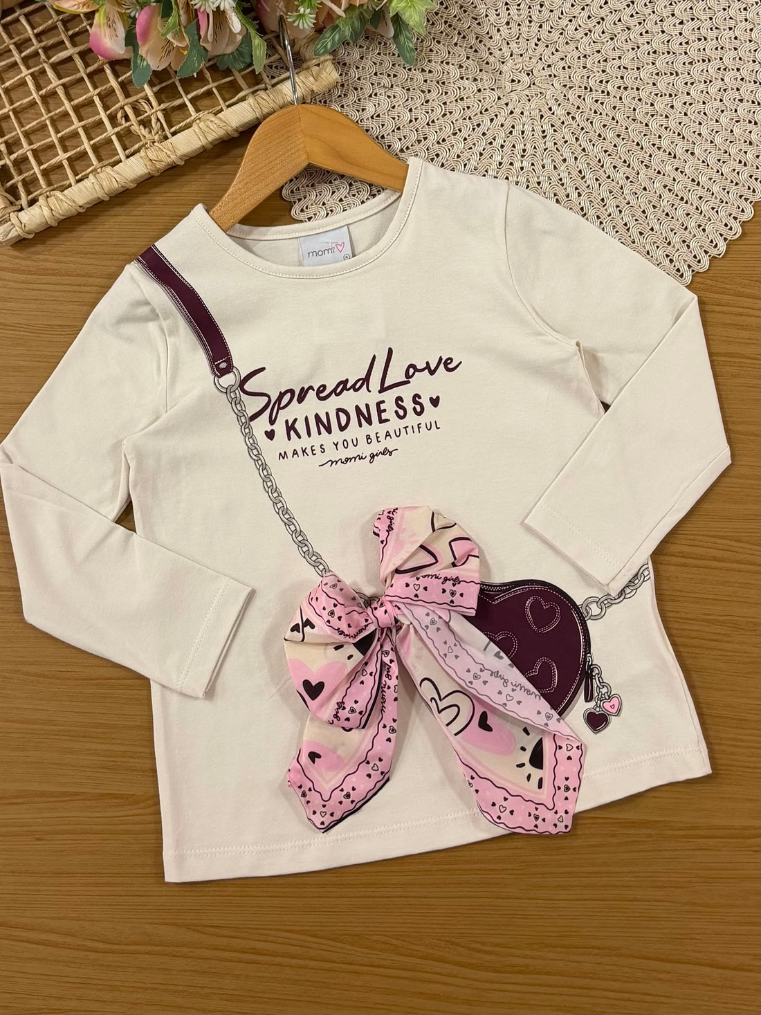 Conjunto Infantil Momi Inverno, Calça Legging Vinho e Blusa Manga Longa Bolsinha 3D com Laço