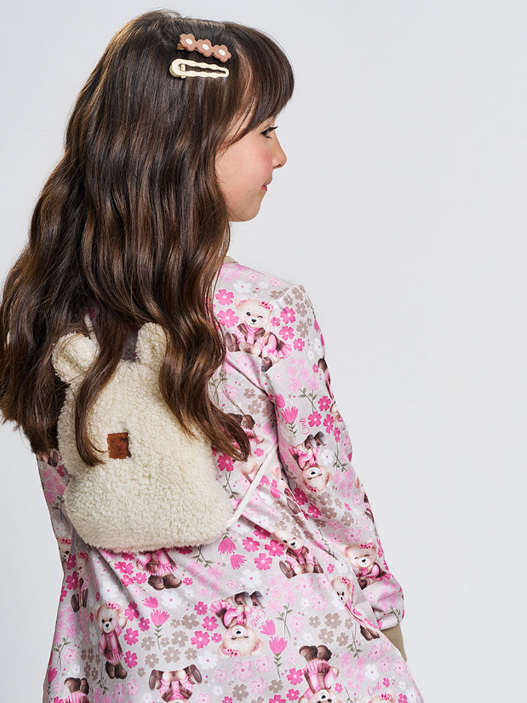 Vestido Infantil Cinti Inverno Flanelado Bege com Bolsinha Ursinha Cow Girls