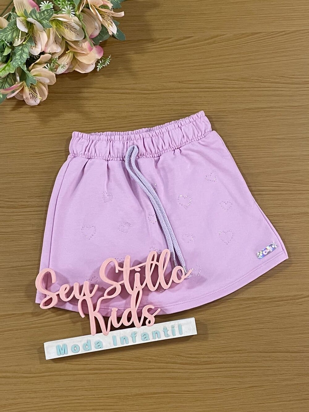 Shorts Saia Infantil Cinti Verão Lilás Corações