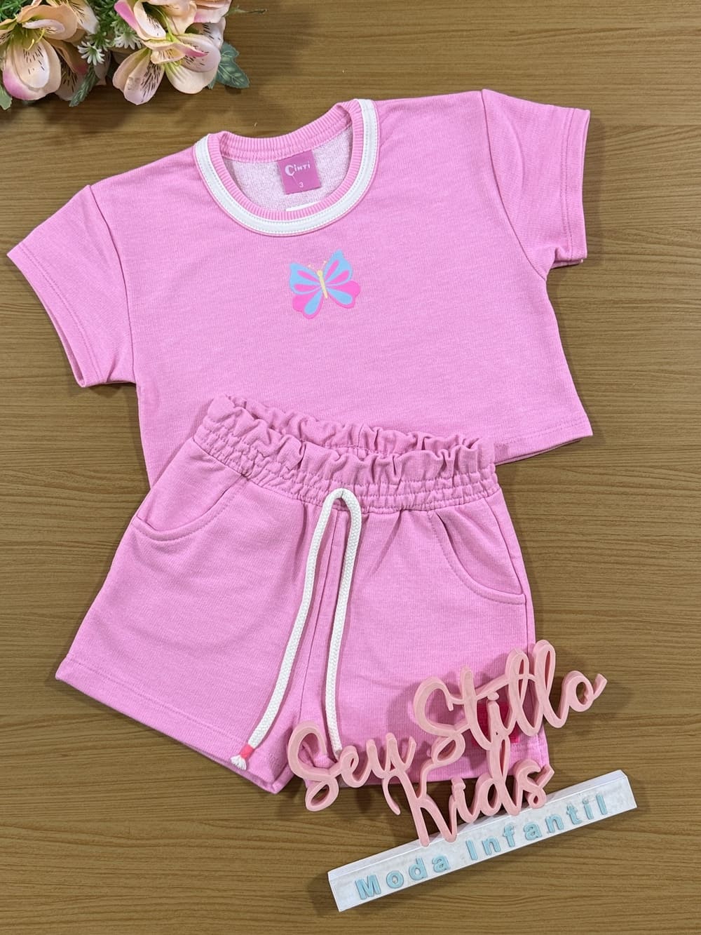 Conjunto Infantil Cinti Verão Shorts e Blusa Rosa Borboletinha
