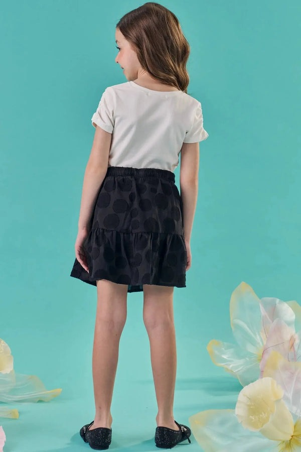 Conjunto Infantil Kukiê Verão com Saia Preta e Blusa Branca Cachorrinha