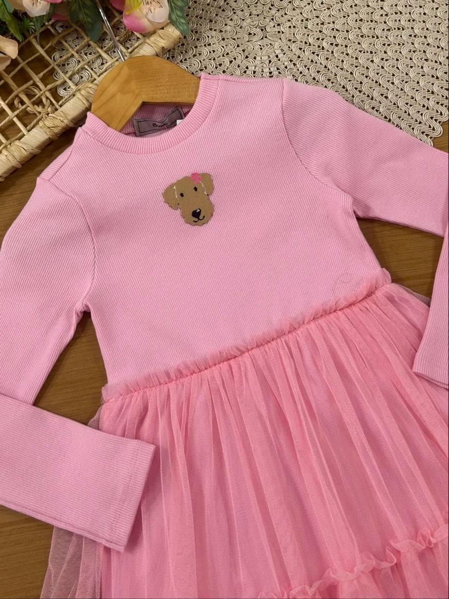 Vestido Infantil Bimbi Inverno com Tule Rosa Cachorrinha