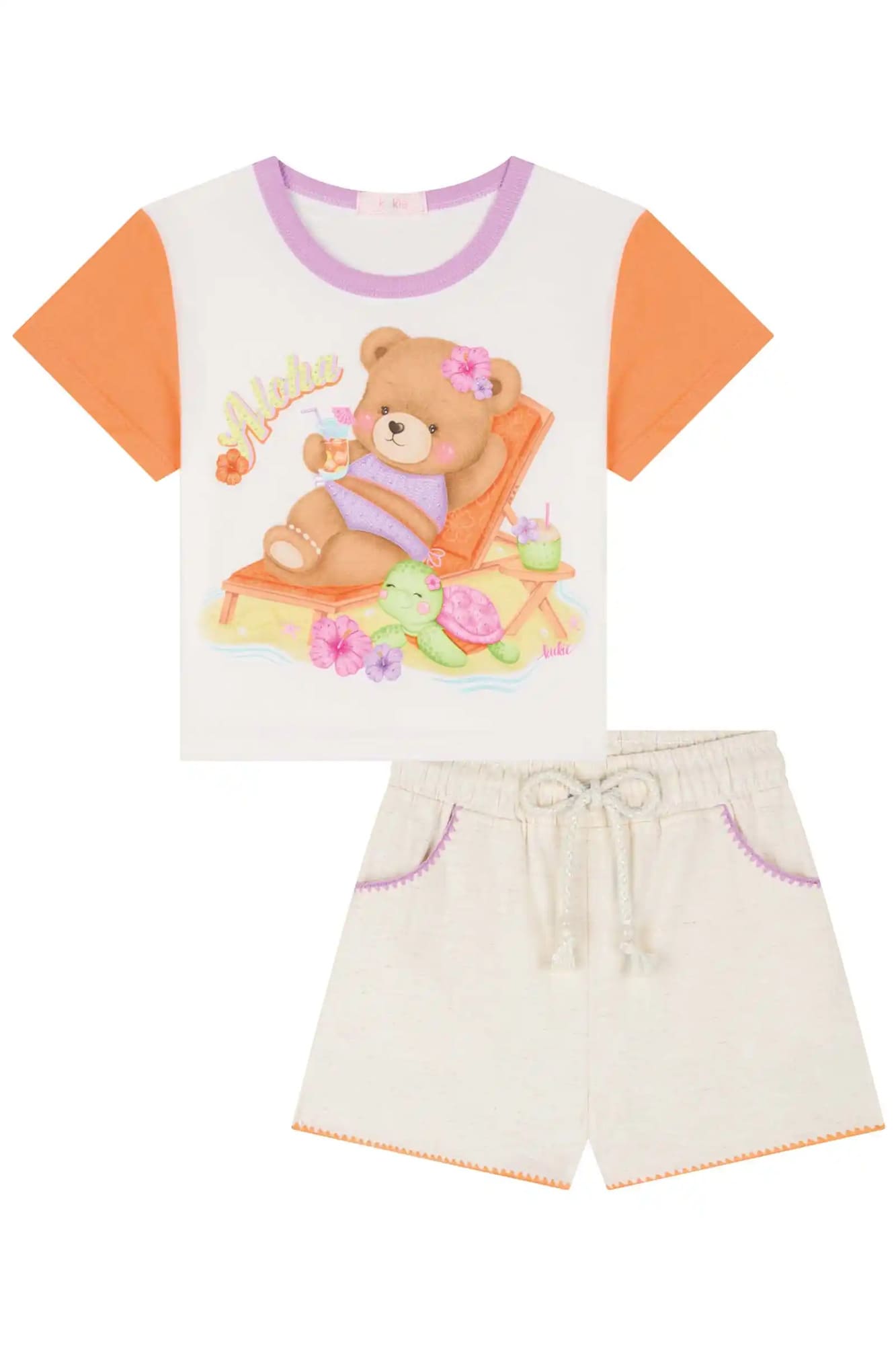Conjunto Infantil Kukiê Verão com Shorts Bege e Blusa Branca Ursinha na Praia