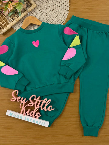 Conjunto Infantil Bimbi Inverno com Calça e Moletom sem Flanela Verde Coraçãozinho