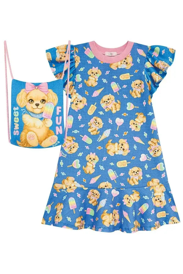 Vestido Infantil Kukiê com Bolsinha Azul Cachorrinha