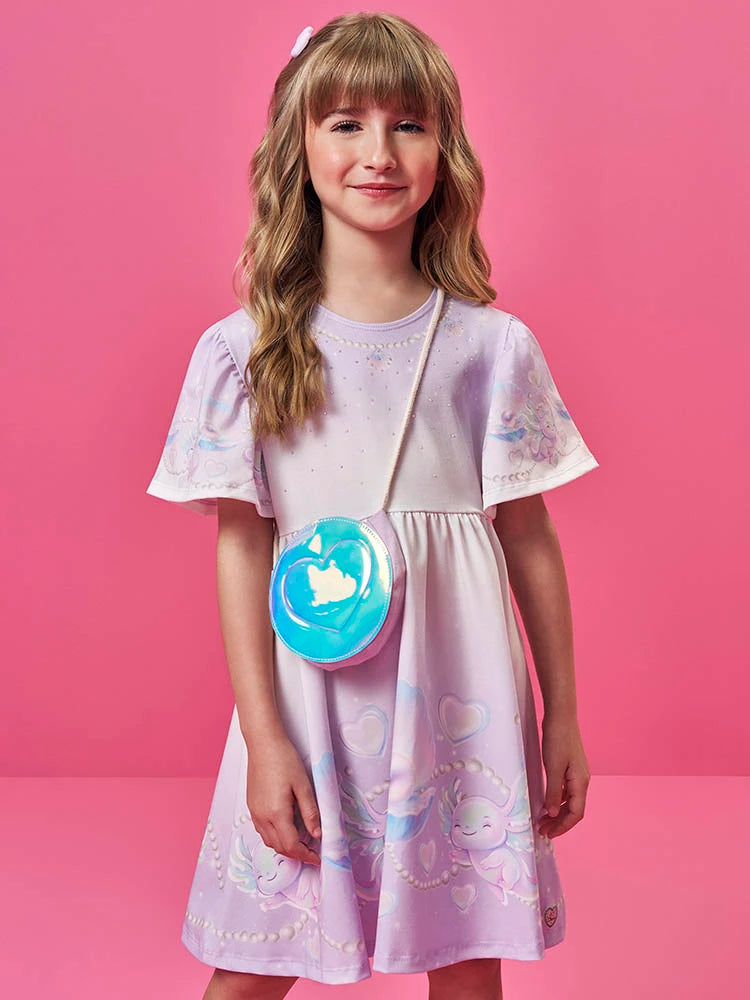 Vestido Infantil Cinti Verão Lilás Axolote e Conxinhas com Bolsinha