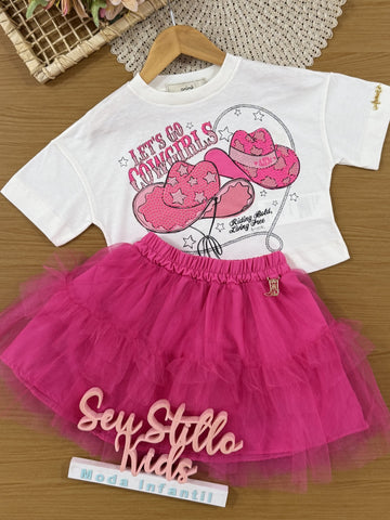 Conjunto Infantil Animê Verão com Saia Rosa em Tule e Blusa Branca Let's go Cowgirls