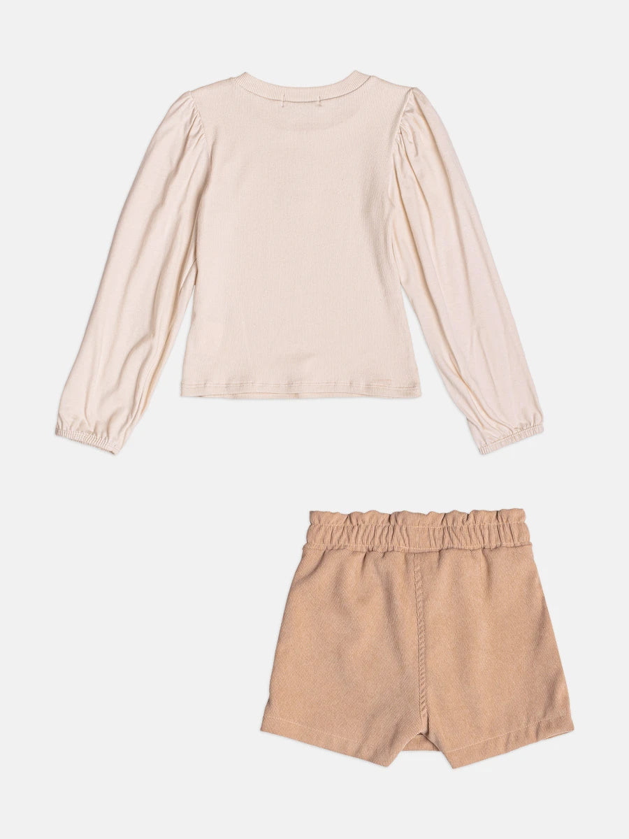 Conjunto Infantil Bimbi Inverno com Shorts Saia e Blusa Manga Longa Bege Raposinha