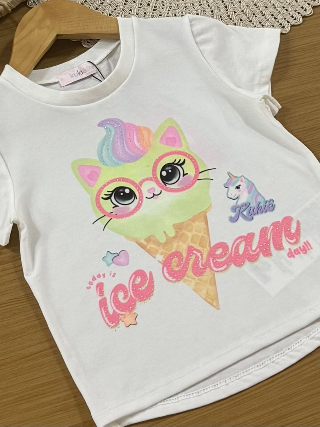 Blusa Infantil Kukiê Verão Off White Gatinha Sorvete