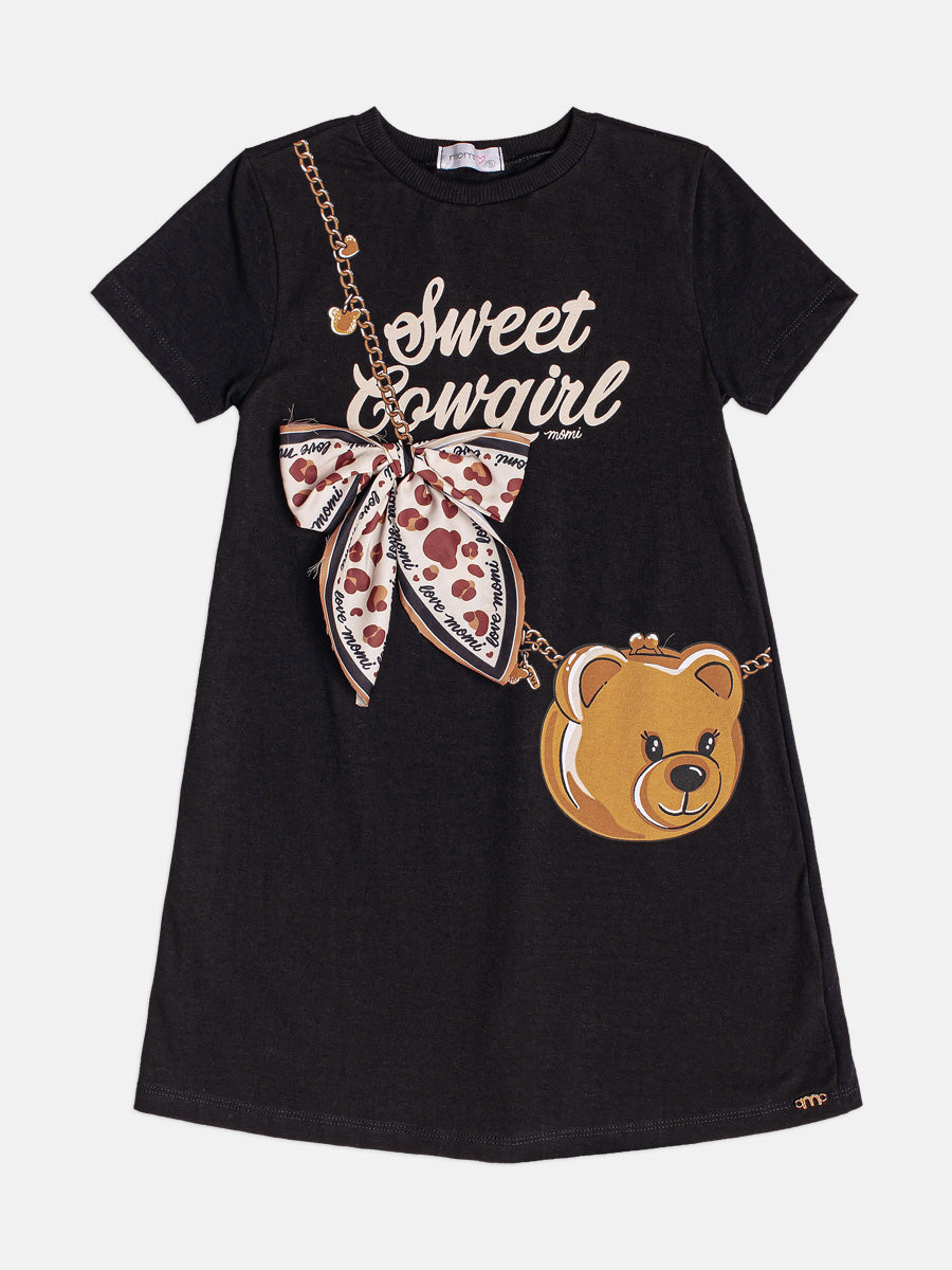 Vestido Infantil Momi Inverno Preto Ursinho Lacinho