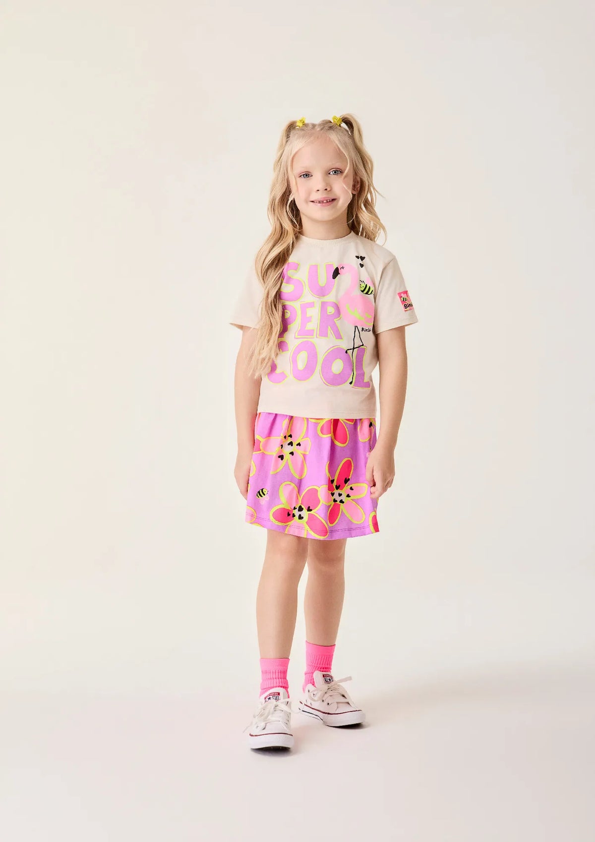 Conjunto Infantil Menina Bimbi Saia Roxa e Blusa Bege Flamingo