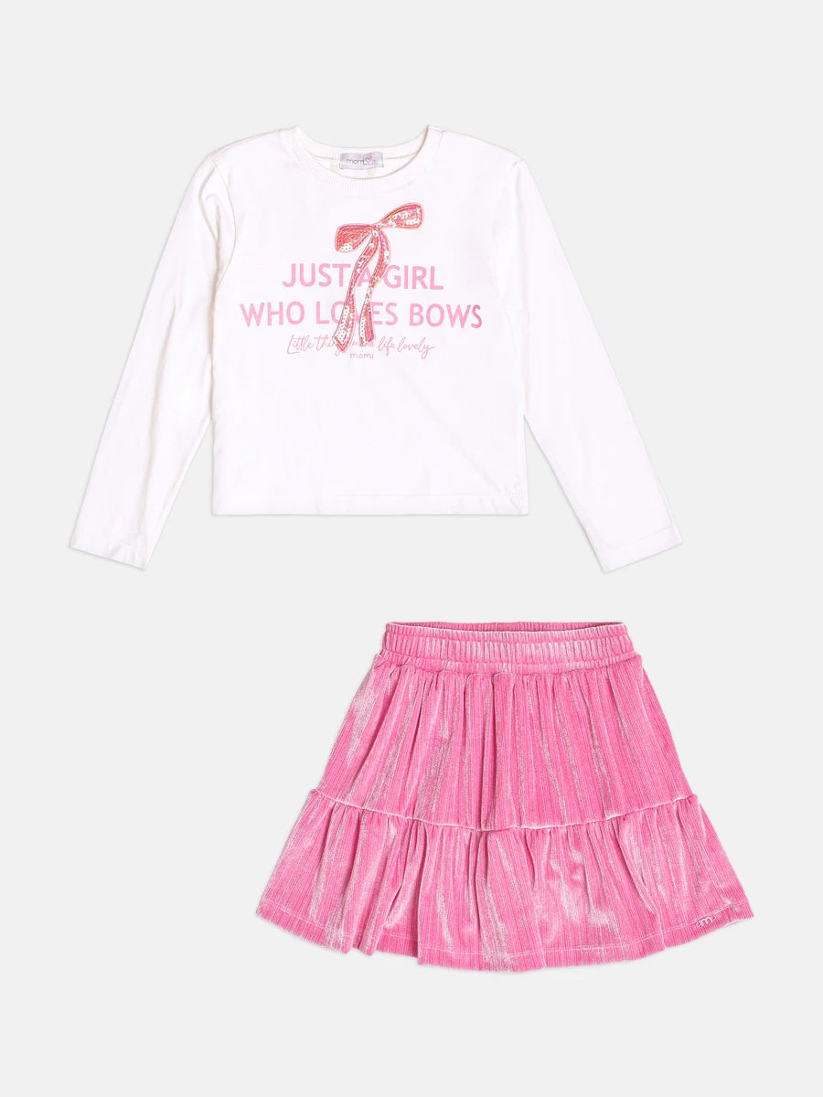 Conjunto Infantil Momi Inverno com Saia Rosa e Blusa Manga Longa Lacinho Paetê