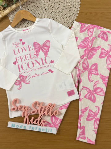 Conjunto Infantil Cinti Inverno com Calça Legging Off White e Blusa Manga Longa Lacinho Love