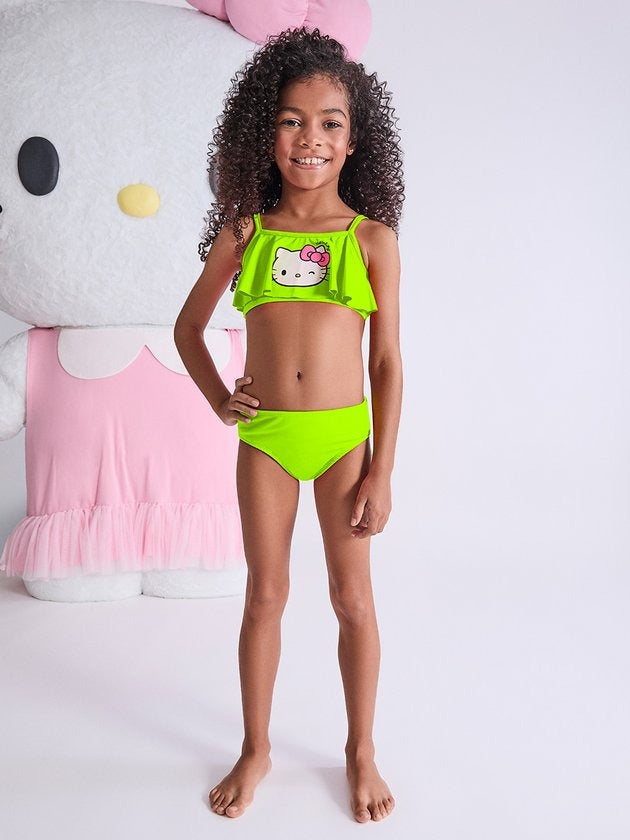Biquíni Infantil Momi Amarelo Neon com Babado Hello Kitty