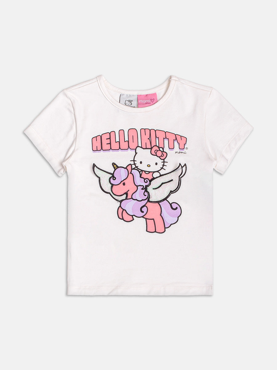 Conjunto Infantil Momi Verão com Saia Rosa em Tule e Blusa Branca Hello Kitty Unicórnio