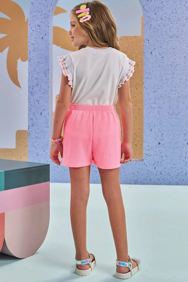 Conjunto Infantil Kukiê Verão com Shorts Saia Rosa e Blusa Branca Borboleta com Strass