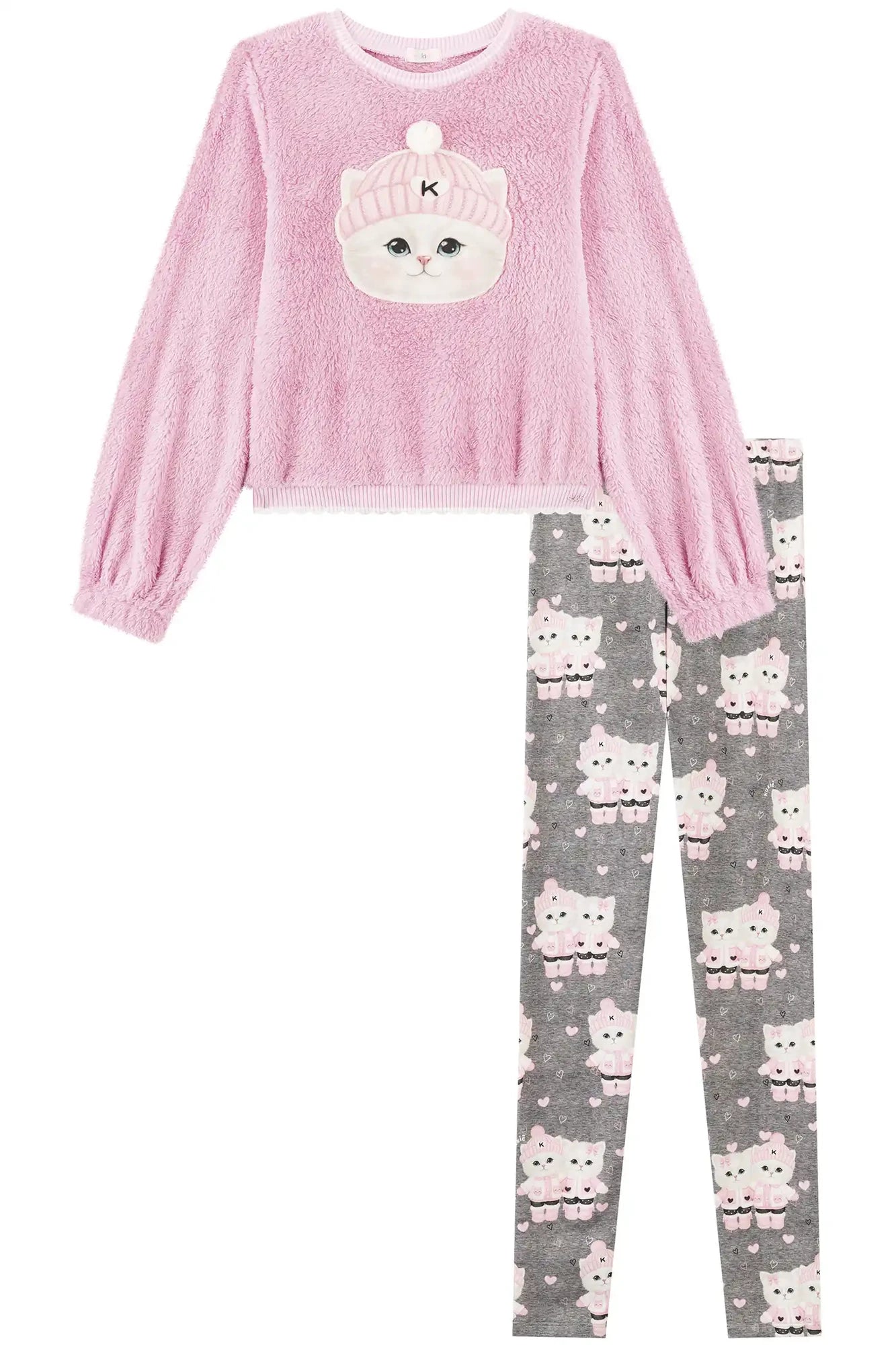 Conjunto Infantil Kukiê Inverno com Calça Legging e Moletom Rosa Gatinha