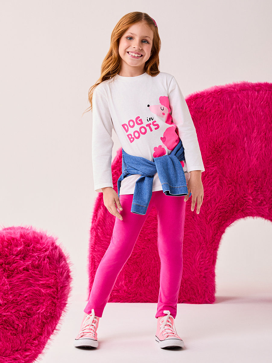 Conjunto Infantil Bimbi Inverno com Calça Legging Rosa e Blusa Manga Longa Cachorrinha