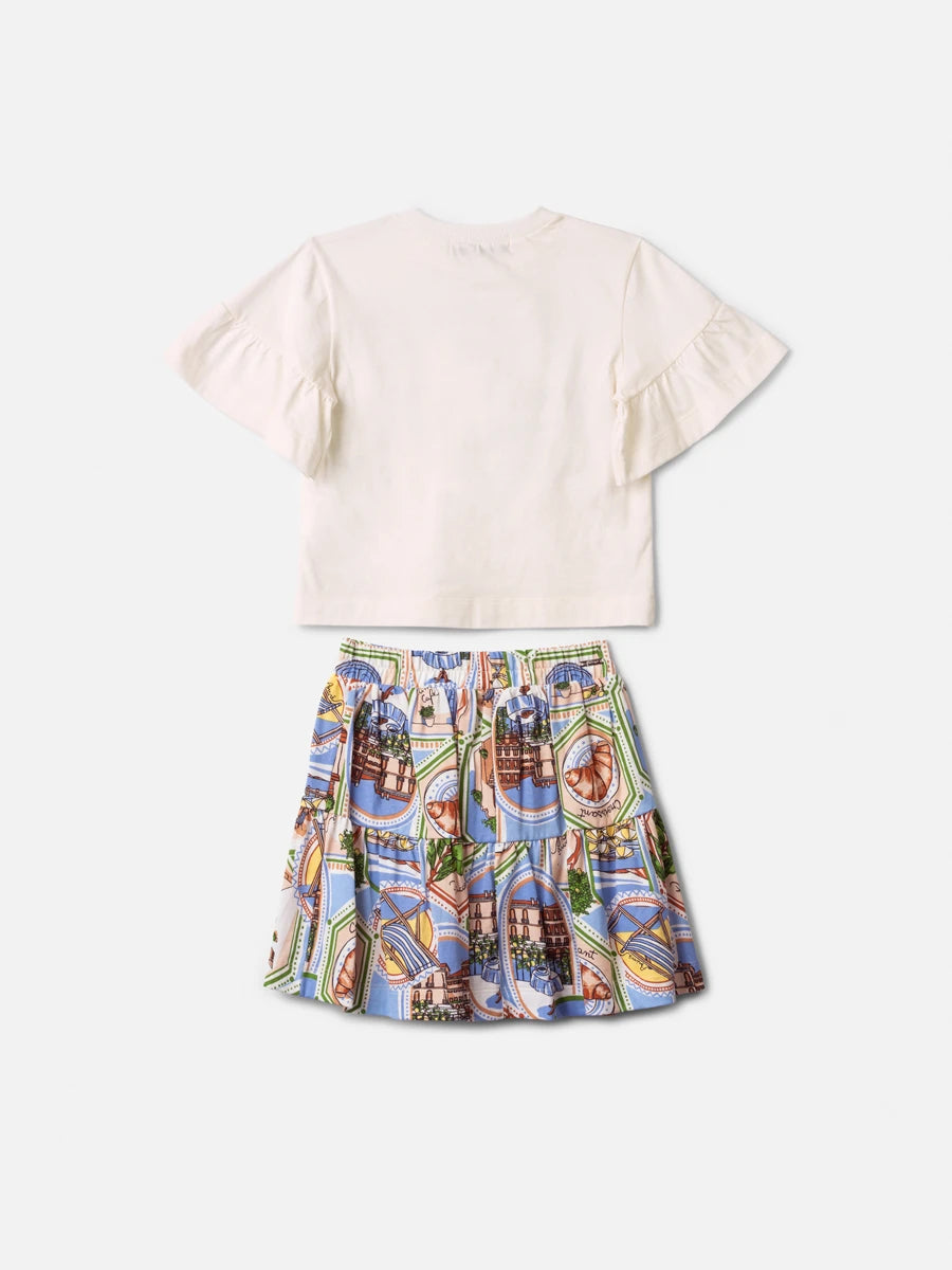Conjunto Infantil Menina Animê com Saia Estampada e Blusa Branca The Places you Love
