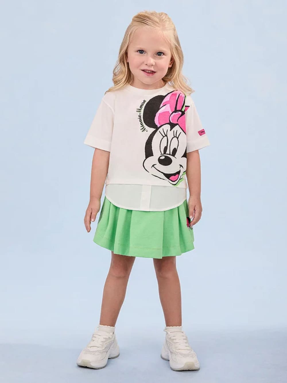 Conjunto Infantil Animê Verão Shorts Saia Verde e Blusa Minnie Disney