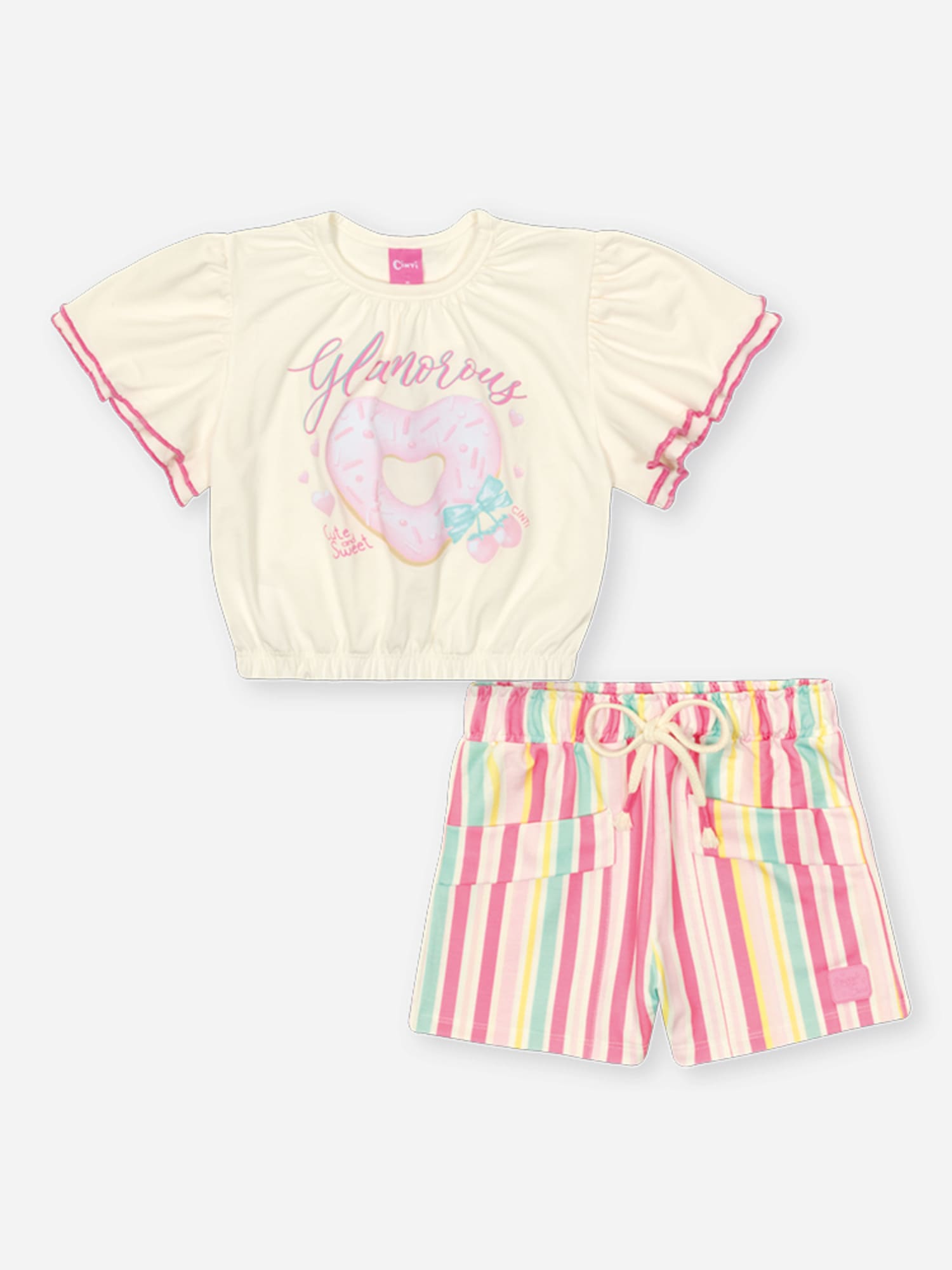 Conjunto Infantil Cinti Verão com Shorts Colorido e Blusa Branca Rosquinha