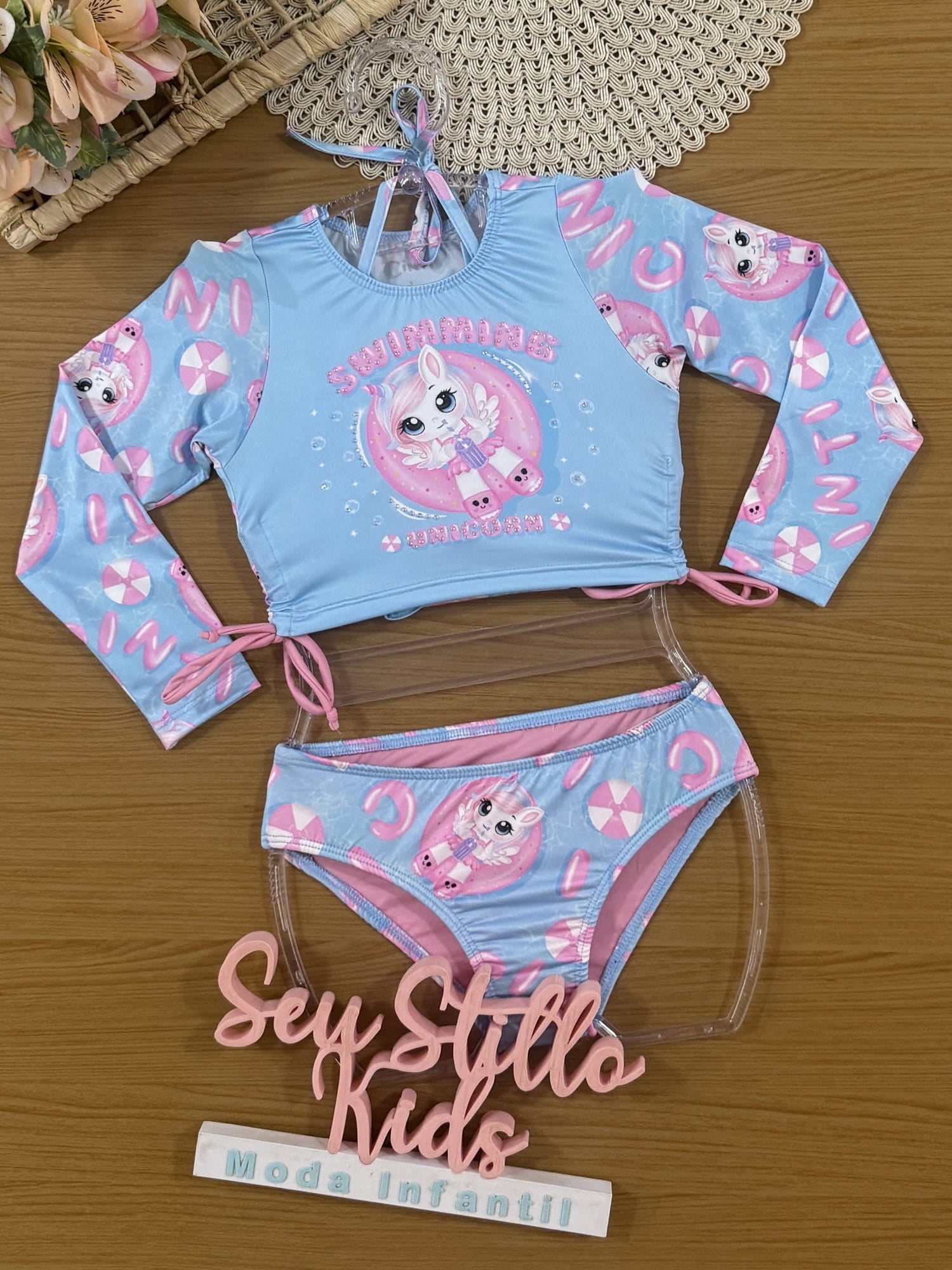 Biquíni Infantil Cinti Verão com Blusa Manga Longa Azul Unicórnio