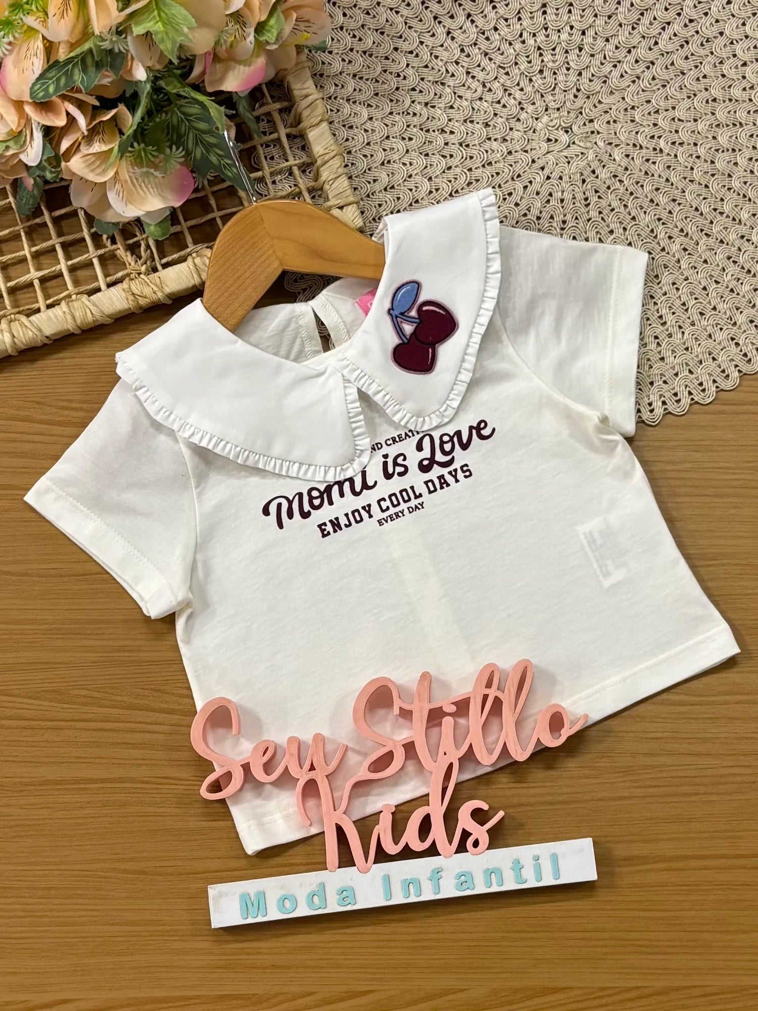 Blusa Infantil Momi Inverno Manga Curta Branca Cerejinha