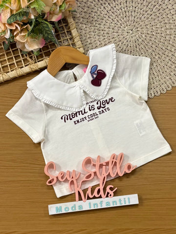 Blusa Infantil Momi Inverno Manga Curta Branca Cerejinha