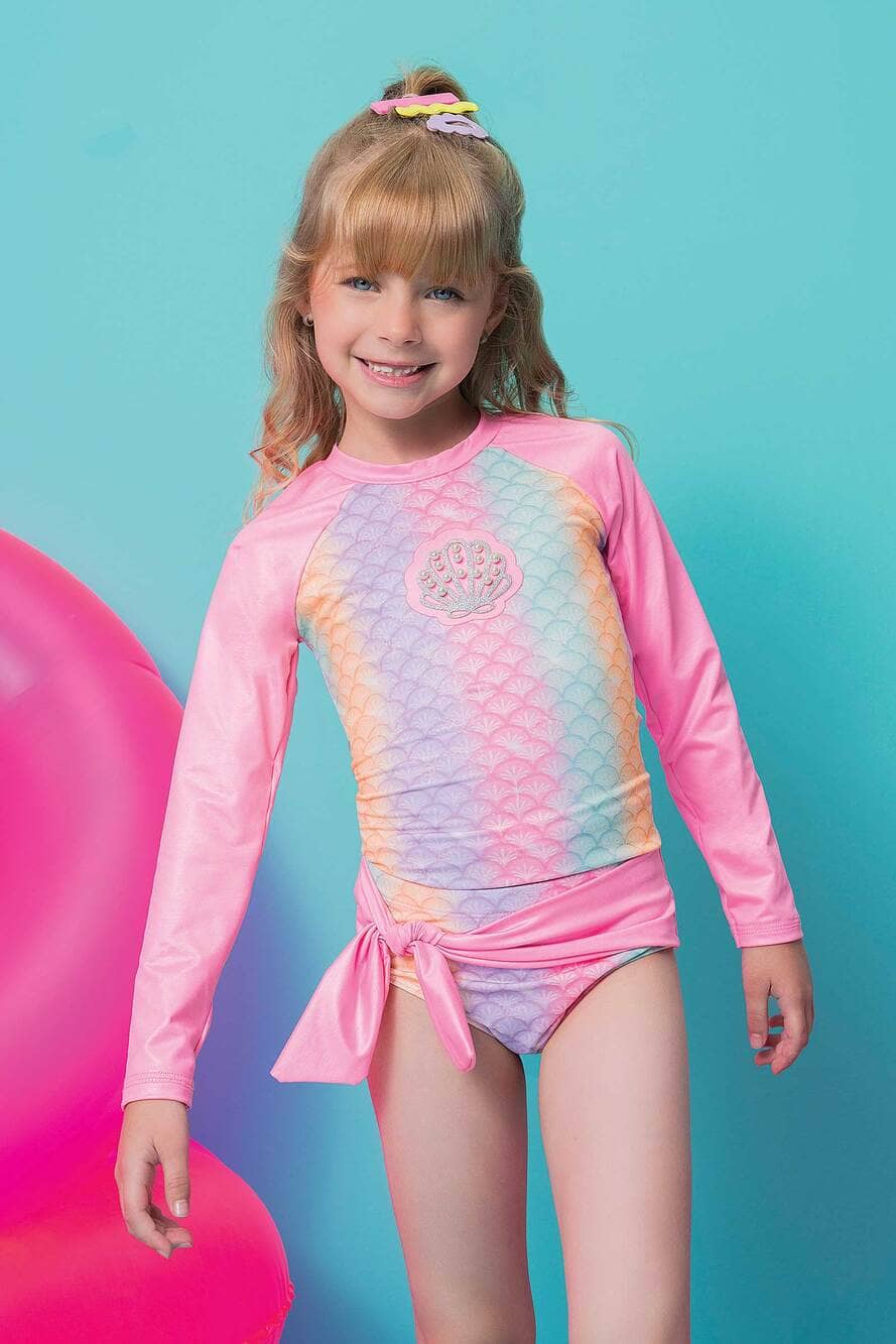 Biquíni Infantil Kukie Verão Com Blusa Manga Longa Rosa Sereia