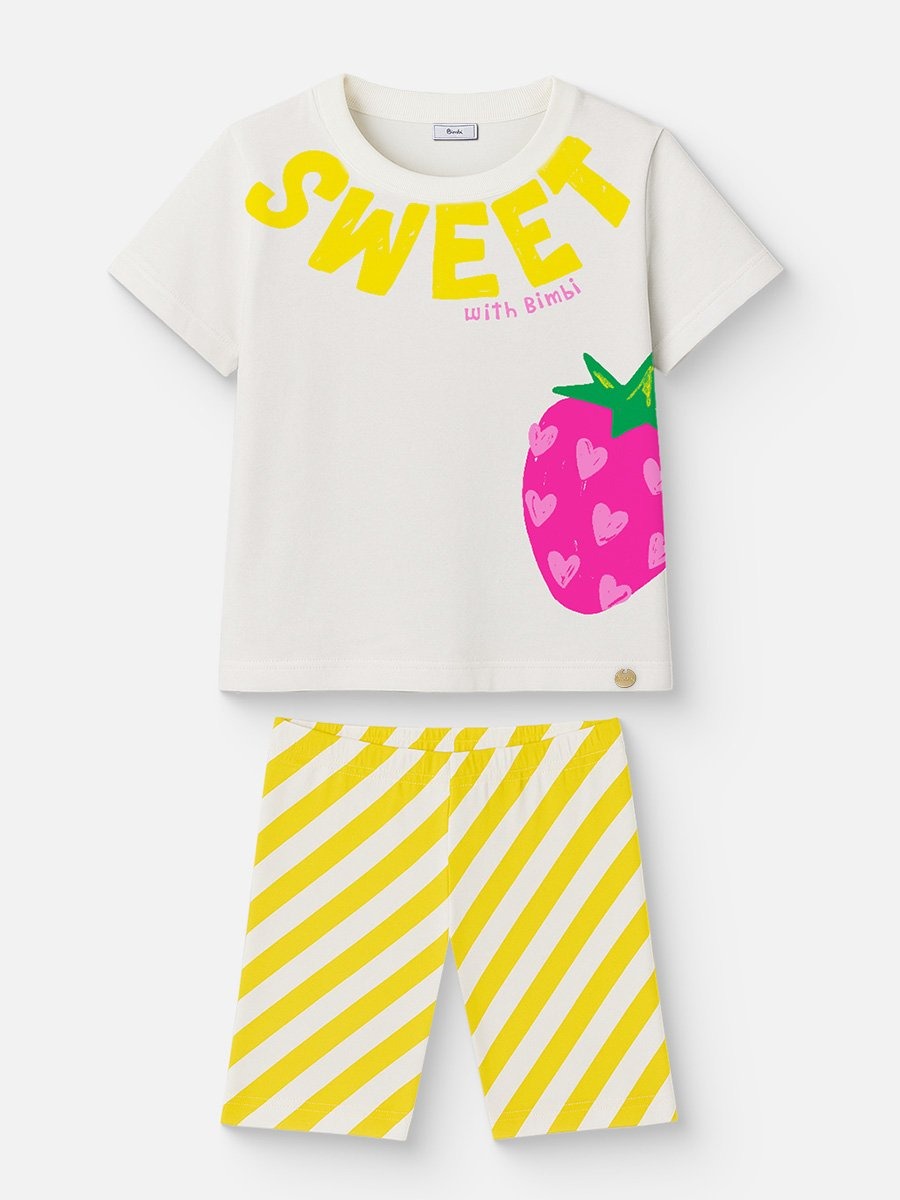 Conjunto Infantil Bimbi Verão com Shorts Ciclista Listrado e Blusa Branca Sweet
