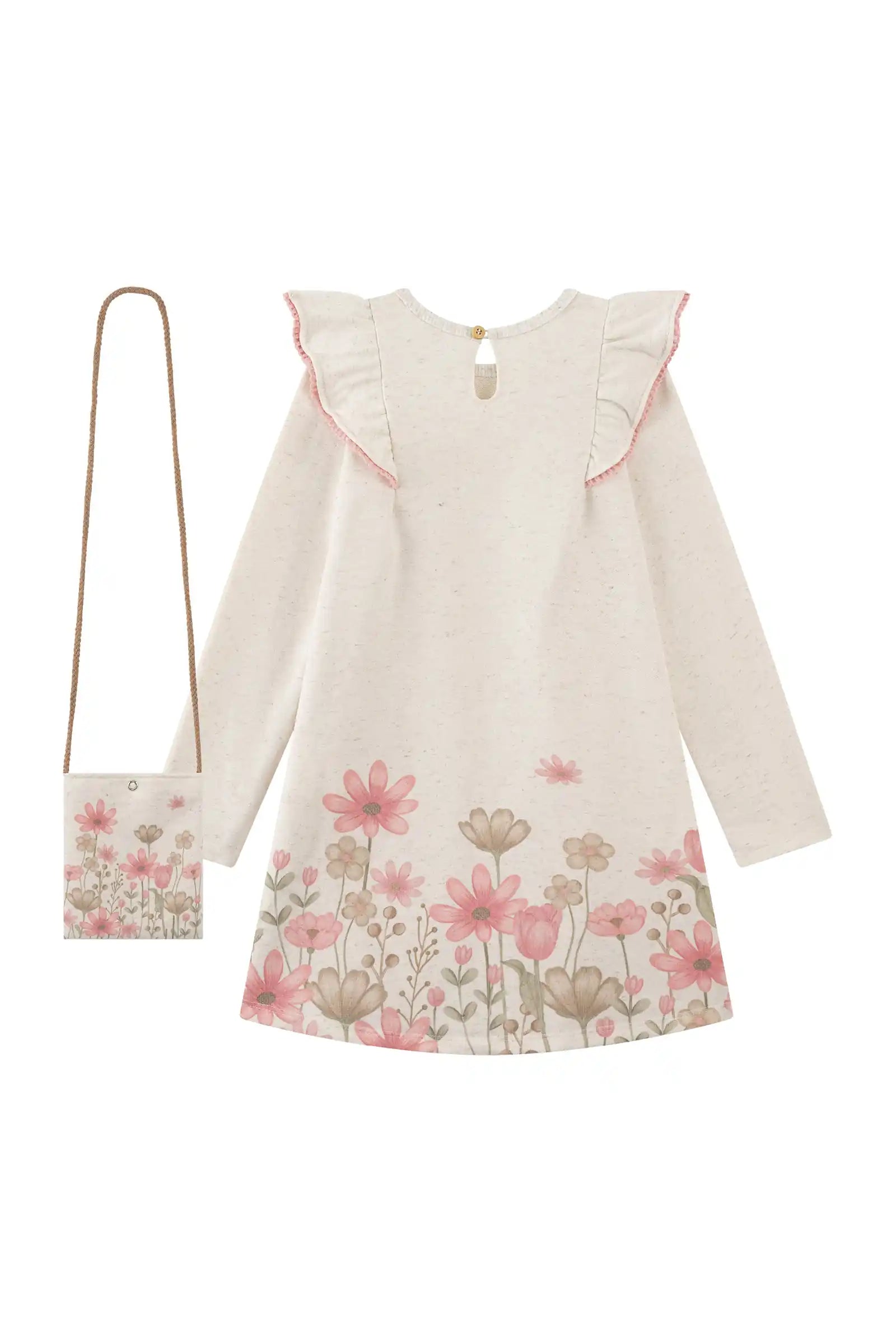 Vestido Infantil Kukiê Inverno Off White Flower com Bolsinha