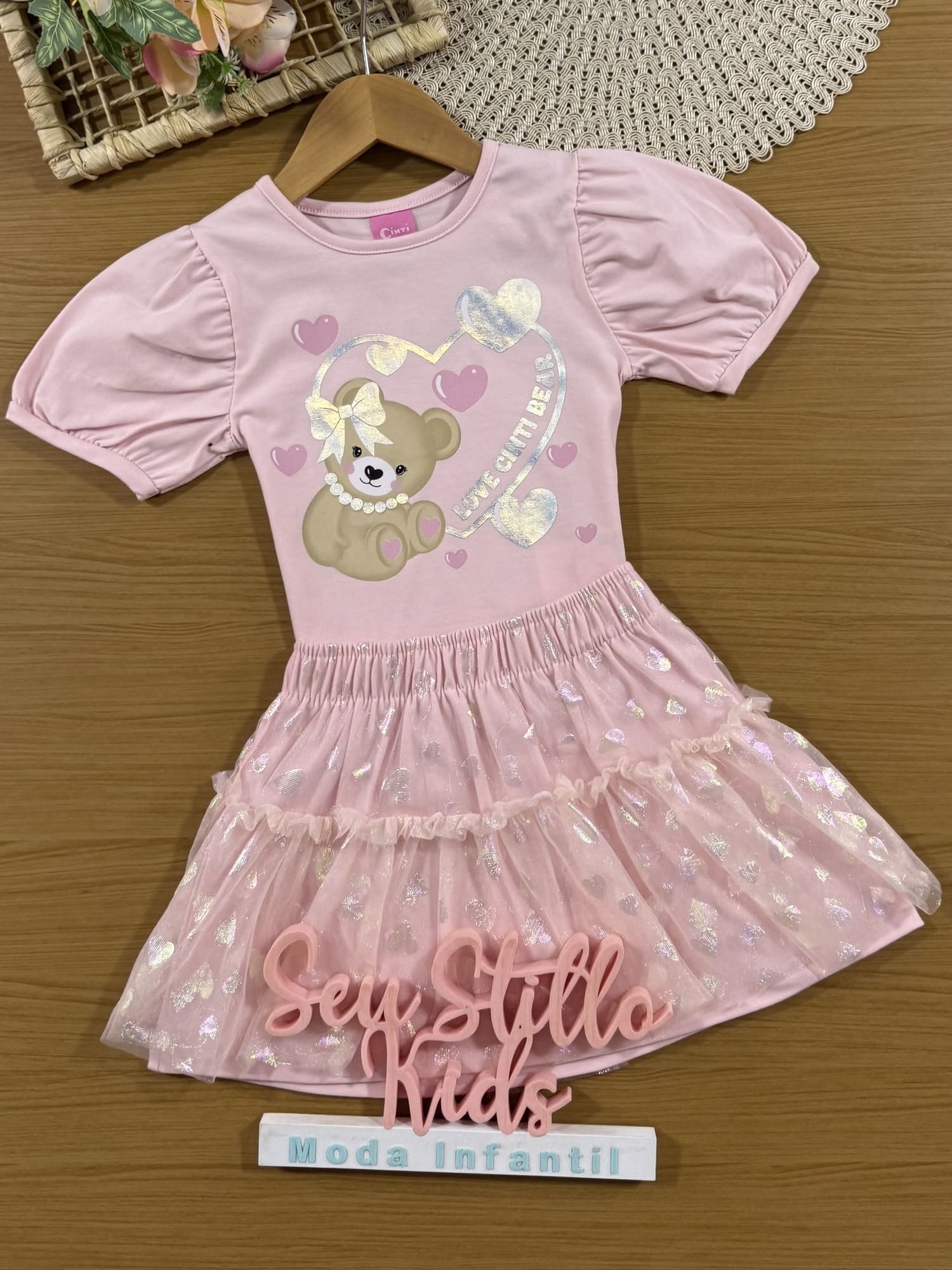 Conjunto Infantil Cinti Verão com Saia em Tule e Blusa Rosa Ursinha Love