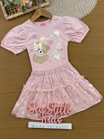 Conjunto Infantil Cinti Verão com Saia em Tule e Blusa Rosa Ursinha Love