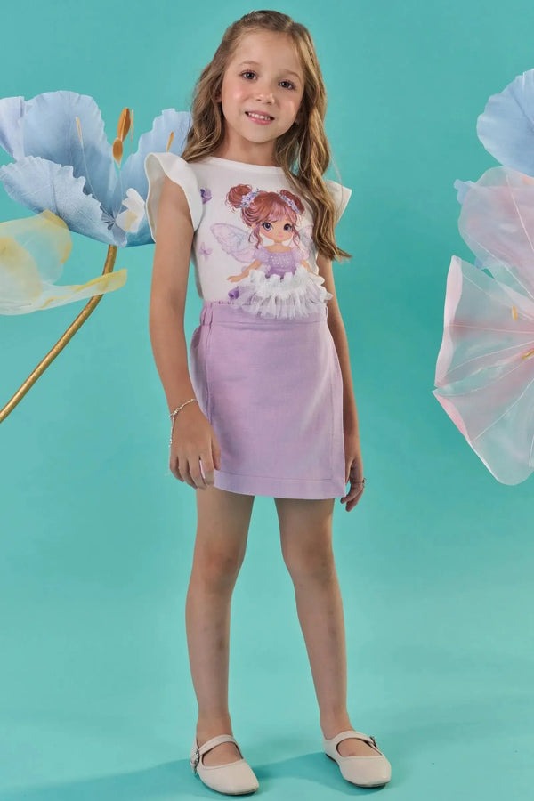 Conjunto Infantil Kukiê Verão com Shorts Saia Lilás e Blusa Branca Fadinha