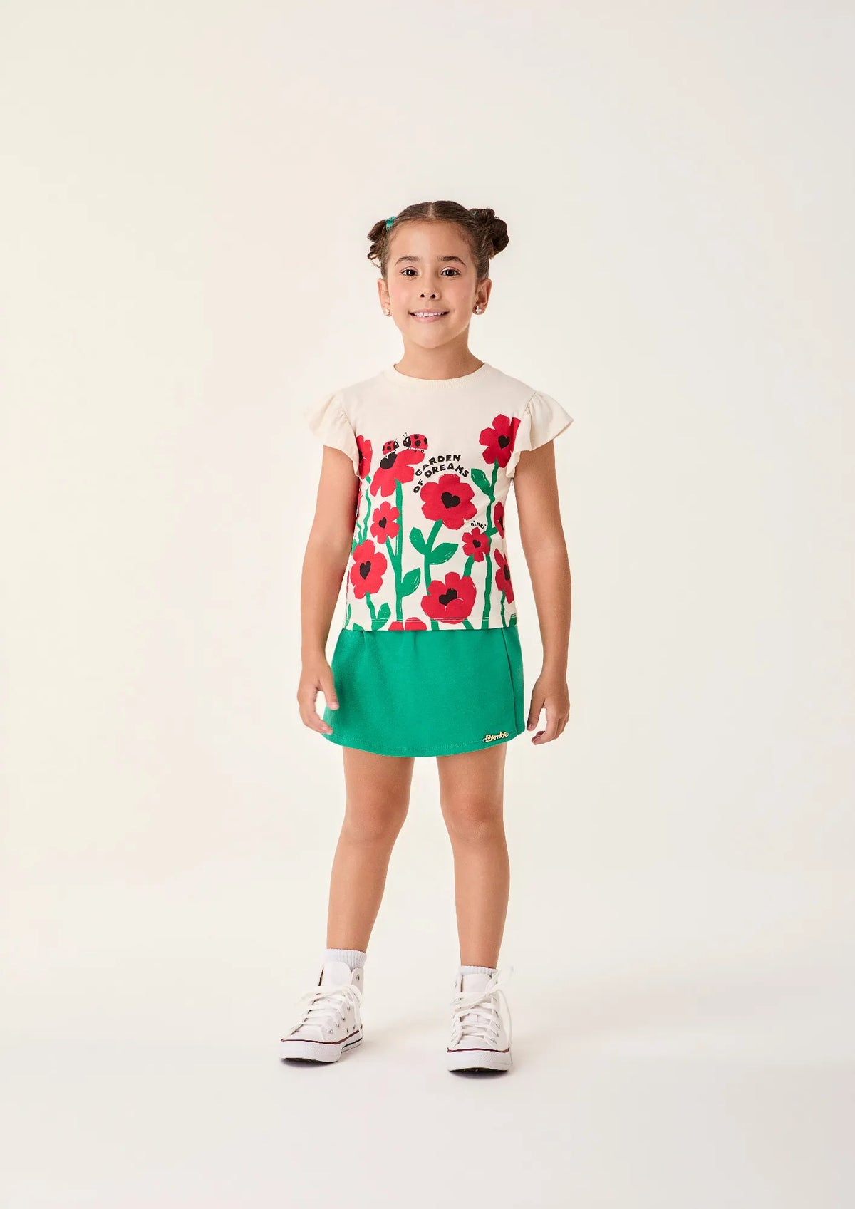 Conjunto Infantil Menina Bimbi Shorts Saia Verde e Blusa Bege Jardim