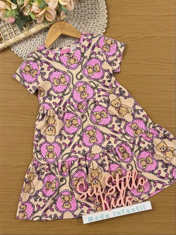 Vestido Infantil Momi Inverno Bege Ursinhos e Lacinhos
